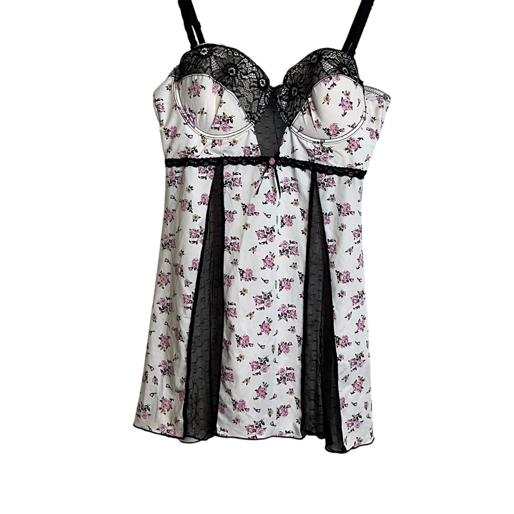 Floral Lace Underwire Chemise Nightgown Pink White Black Mesh S